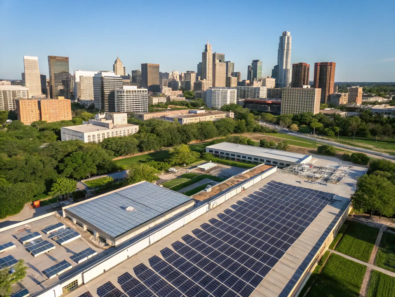 A high-resolution image of CELINTECH's solar and telecom infrastructure in a municipal or industrial setting.
