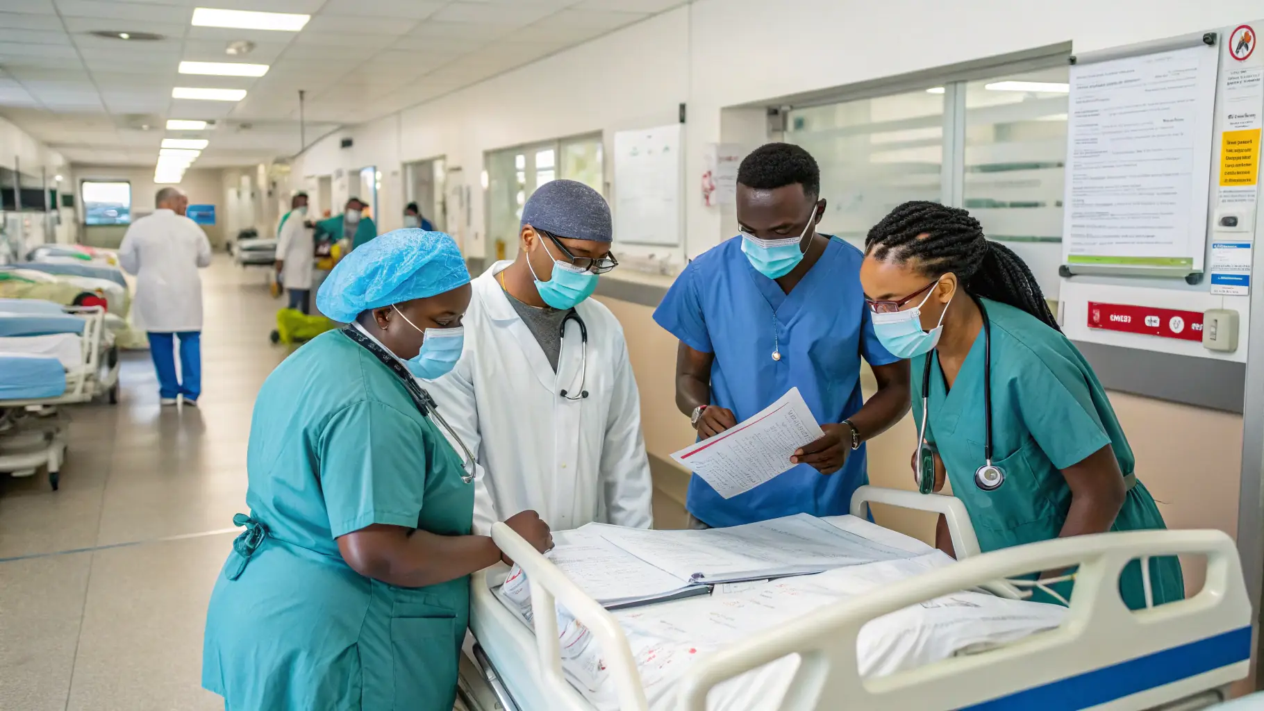 A diverse team of healthcare professionals collaborating in a modern hospital setting, smiling and engaged in a discussion.