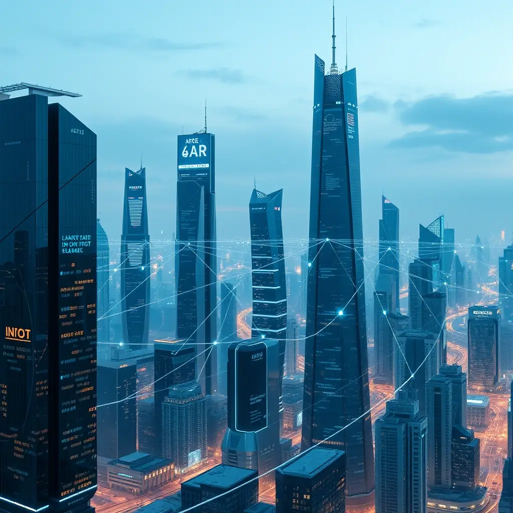 A futuristic cityscape with interconnected nodes representing scalable web solutions, AI robots working on web development, and data streams flowing seamlessly.