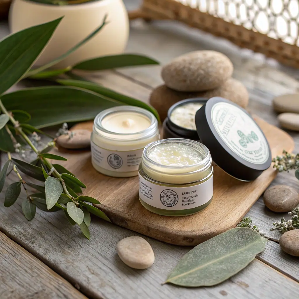 Close-up shot of various jars and containers filled with homemade balms, lotions, and tinctures. The ingredients like herbs, essential oils, and beeswax are clearly visible. The background features a rustic wooden table, emphasizing the natural and handcrafted aspect of the products. This image is for the Balms, Lotions, Salves & Tinctures section of Sel Sufficient Essentials, highlighting the 'Craft Your Own Healing Products Naturally' theme.