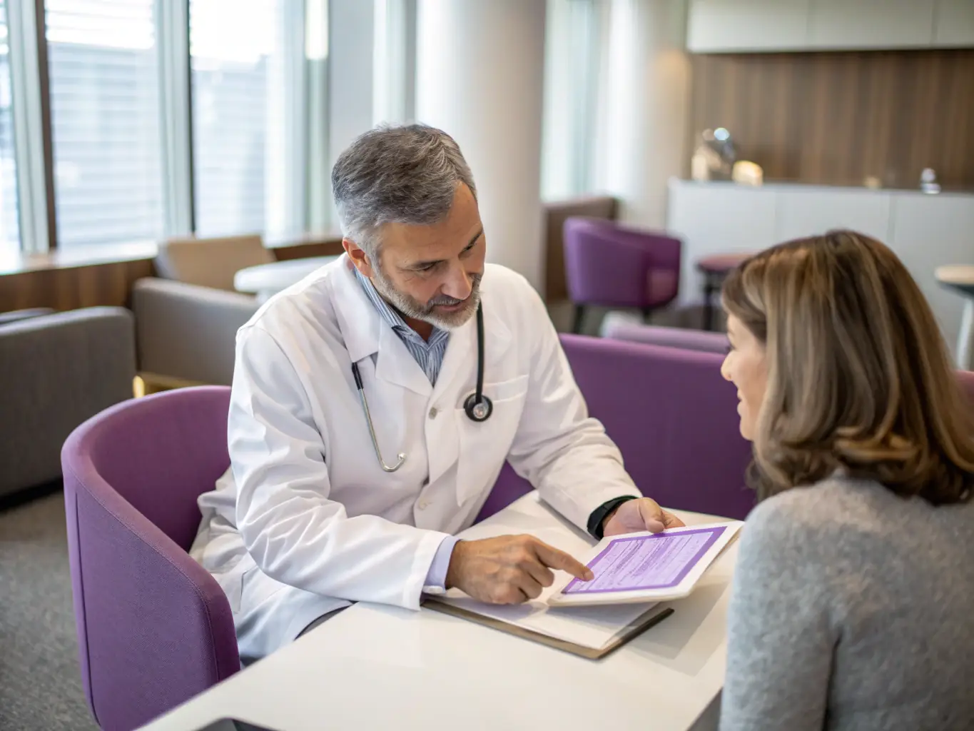 A friendly doctor is explaining the verification process to a patient at the reception desk.