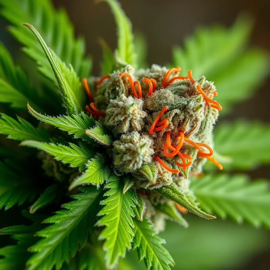 A close-up shot of Watermelon Burst Flower DC, showcasing its dense buds, bright green color, orange pistils, and frosty trichomes.