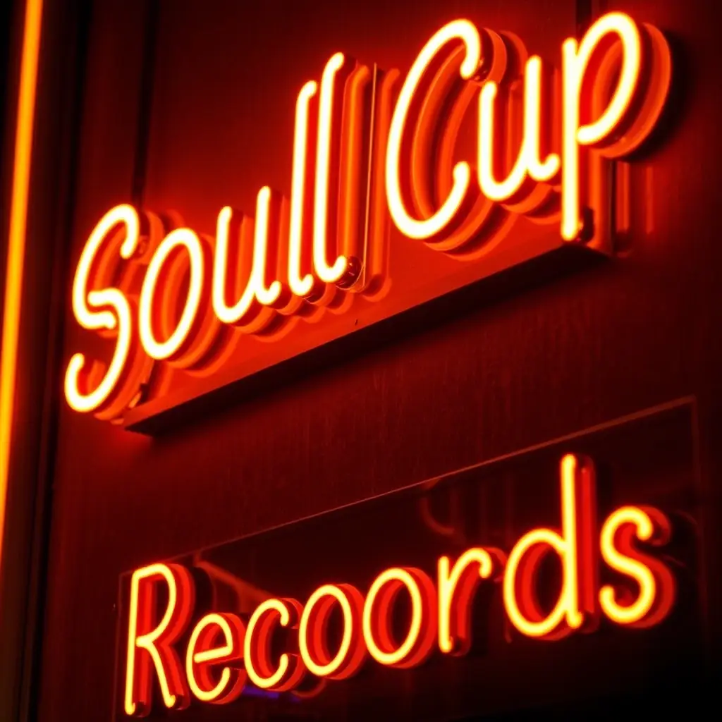 A vibrant, retro-style neon sign that reads 'Soul Cup Records' in a funky, 1970s-inspired font. The sign has a soft, warm glow, reminiscent of vintage record store signage. The background is dark, emphasizing the neon light.