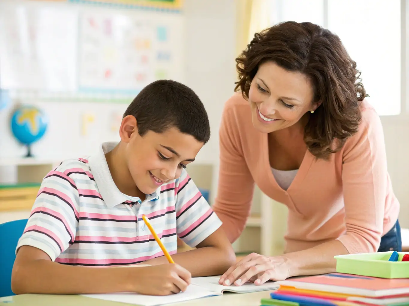 A dedicated teacher working with a student at a desk, both smiling and engaged in the learning process.