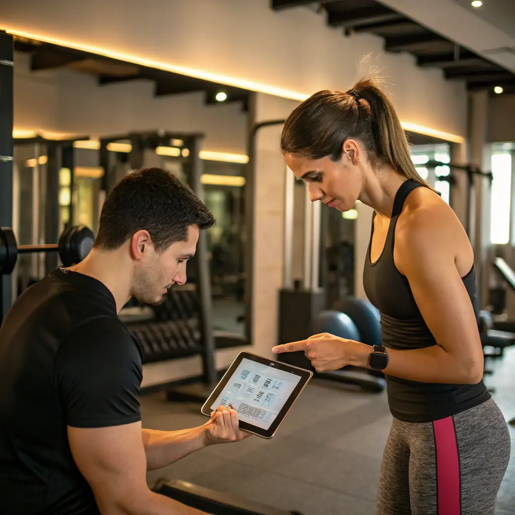 A fitness coach working with a client, creating a personalized workout plan in a modern gym setting. The coach is explaining the exercise while the client is listening attentively.