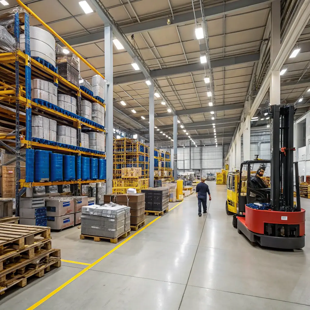 A professional warehouse scene showing labeled pallets of metal mesh and fencing products, with visible export documentation and compliance stickers, set in a clean, modern industrial environment. The image conveys attention to detail and international shipping readiness.