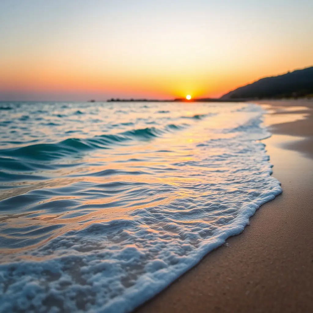 A serene image of a secluded beach near Akoya Beach Villa in Alleppey, featuring soft sand, clear water, and a vibrant sunset. The scene should evoke a sense of tranquility and hidden beauty.