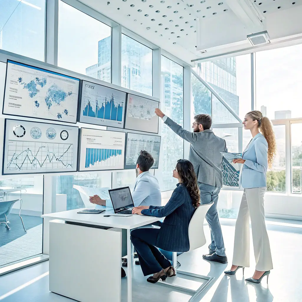 A diverse team of law enforcement professionals collaborating on a digital platform, analyzing data and generating reports in a modern office setting. The image should convey efficiency, collaboration, and data-driven decision-making.