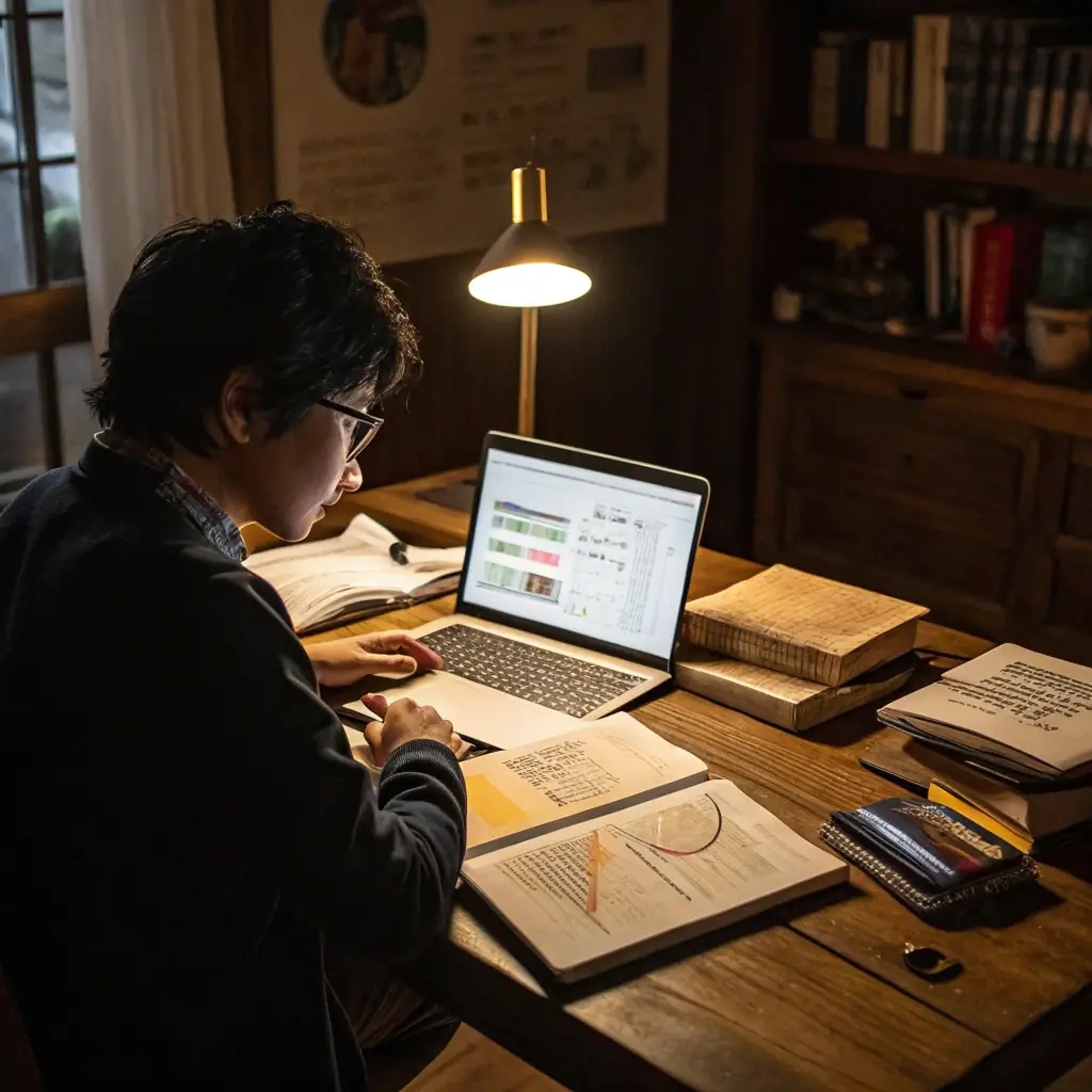 A person looking thoughtfully at a whiteboard covered in strategic marketing notes in a sunlit, modern office. The atmosphere is calm and focused.