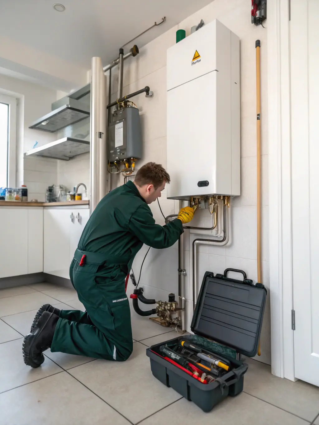 A technician repairing a central heating system, demonstrating Haynes and Frost's heating repair capabilities.