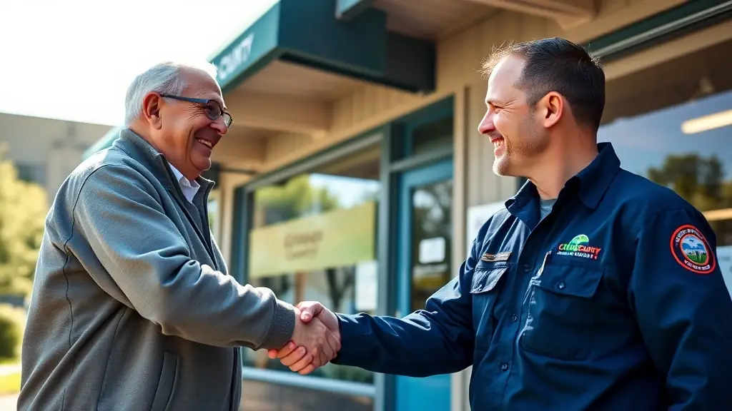 A technician shaking hands with a small business owner outside their storefront, with local Chisago signage visible