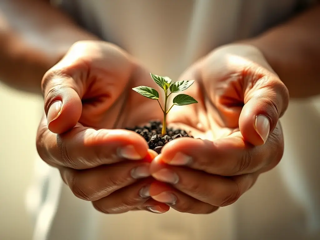A close-up of hands gently holding a seedling, symbolizing trust and care.