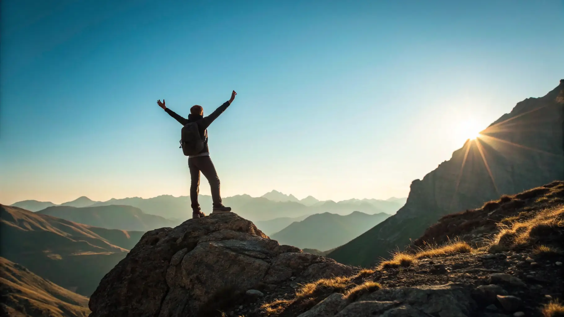 a vibrant, inspiring image of a person reaching a mountain summit at sunrise, symbolizing achievement and transformation, suitable for the portfolio section of a coaching website