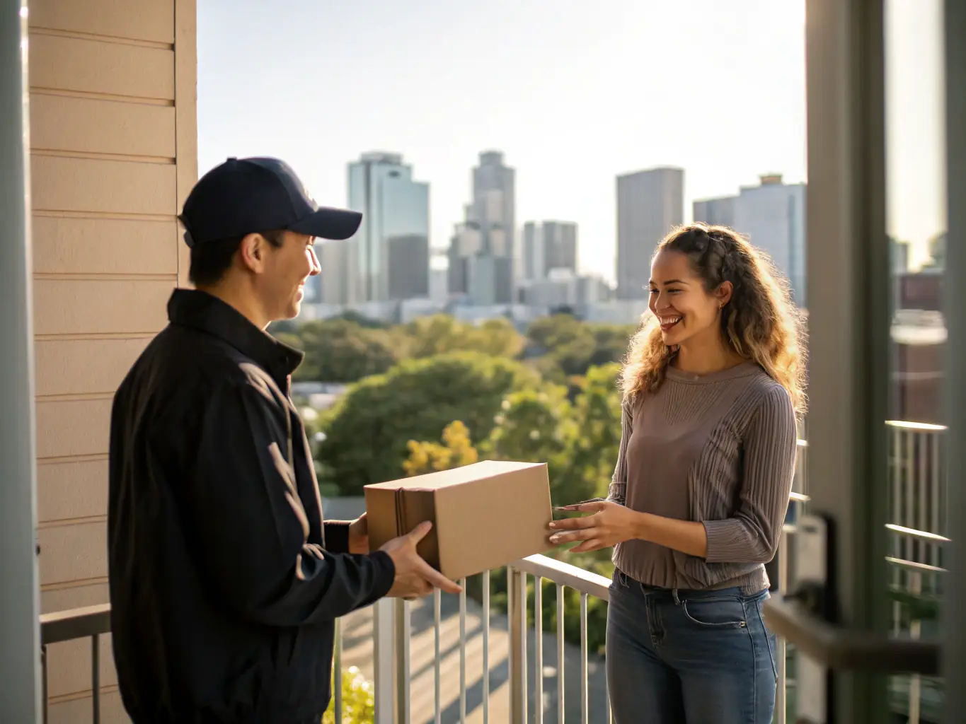 A delivery man handing a package to a customer at their doorstep.
