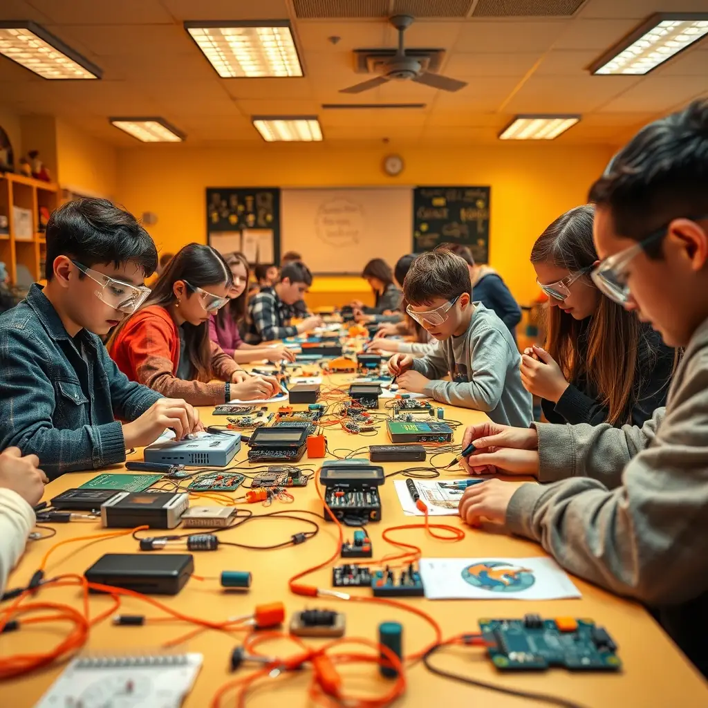 Students engaged in hands-on electronics projects in a lively classroom.