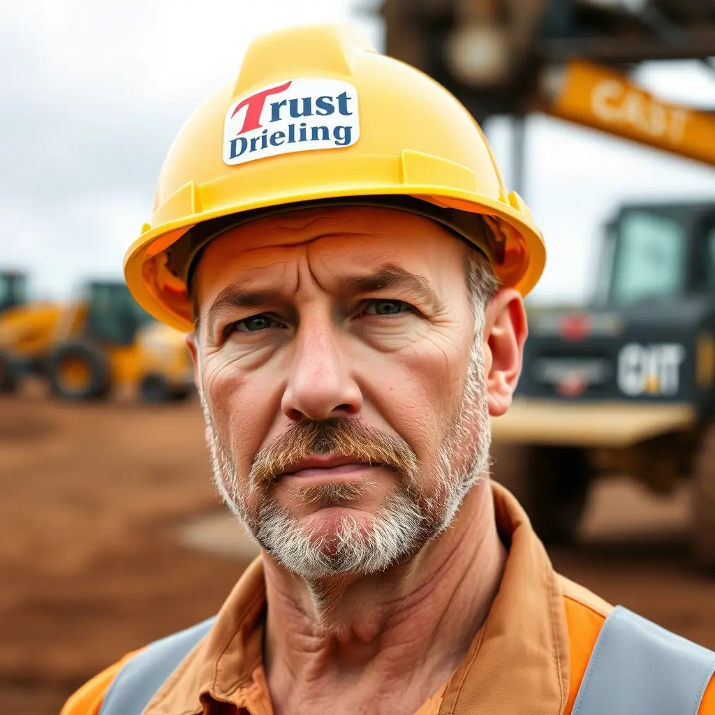 Johnathan is a man in his late 40s with a neatly trimmed beard and a focused gaze, wearing a Trust Drilling hard hat.