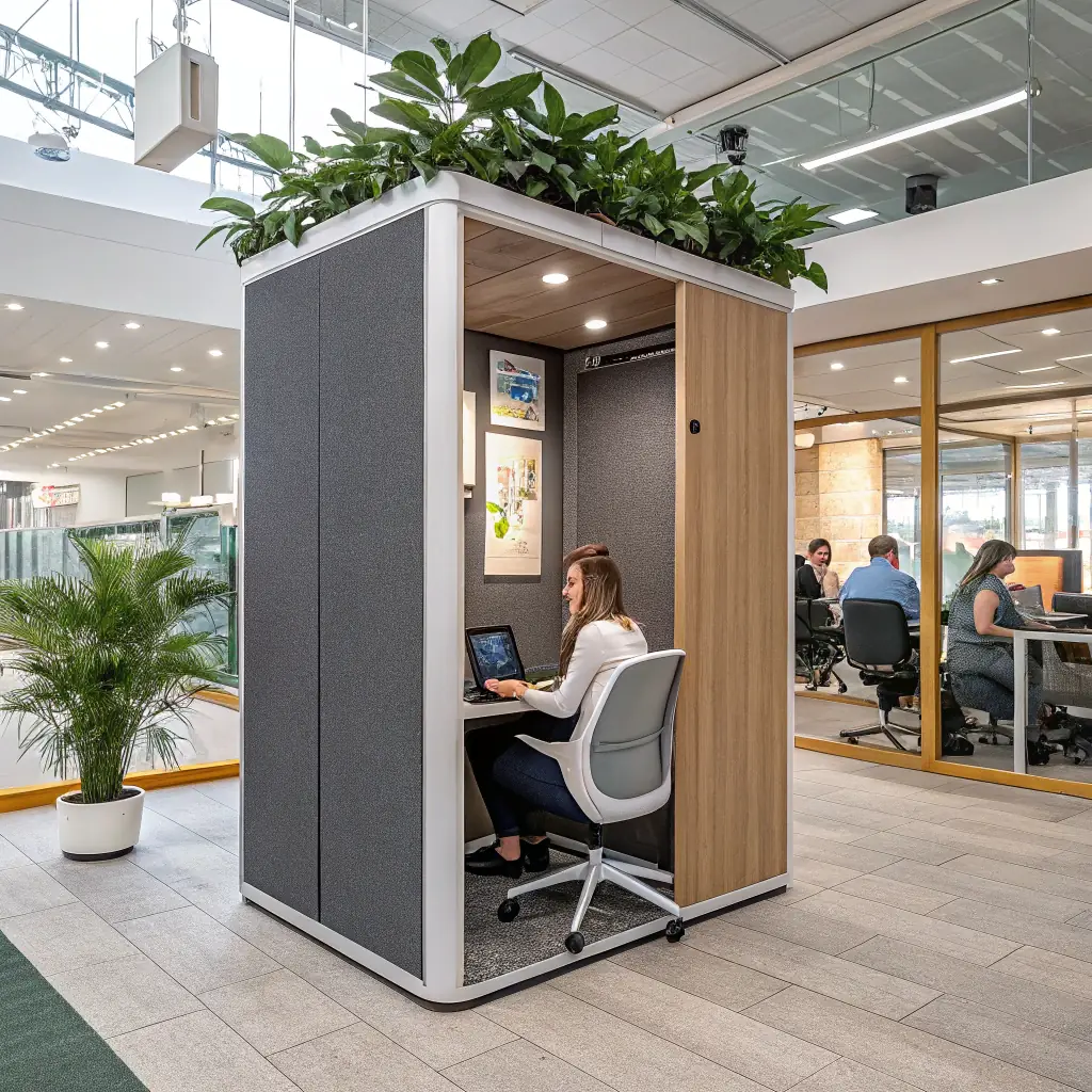 A modern office workpod in an open-plan workspace, glass acoustic pod for calls or focused work, well-lit, professional setting.