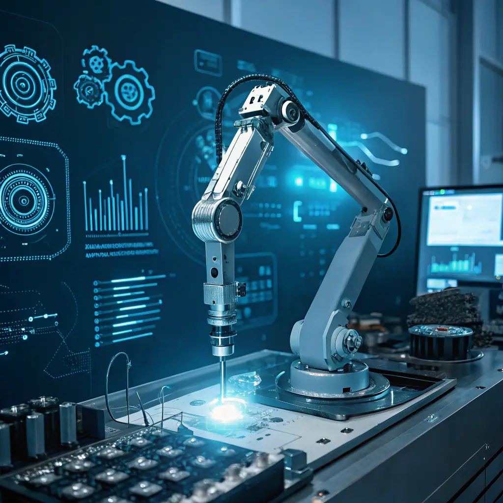 A futuristic robotic arm with sensors in a high-tech industrial environment.