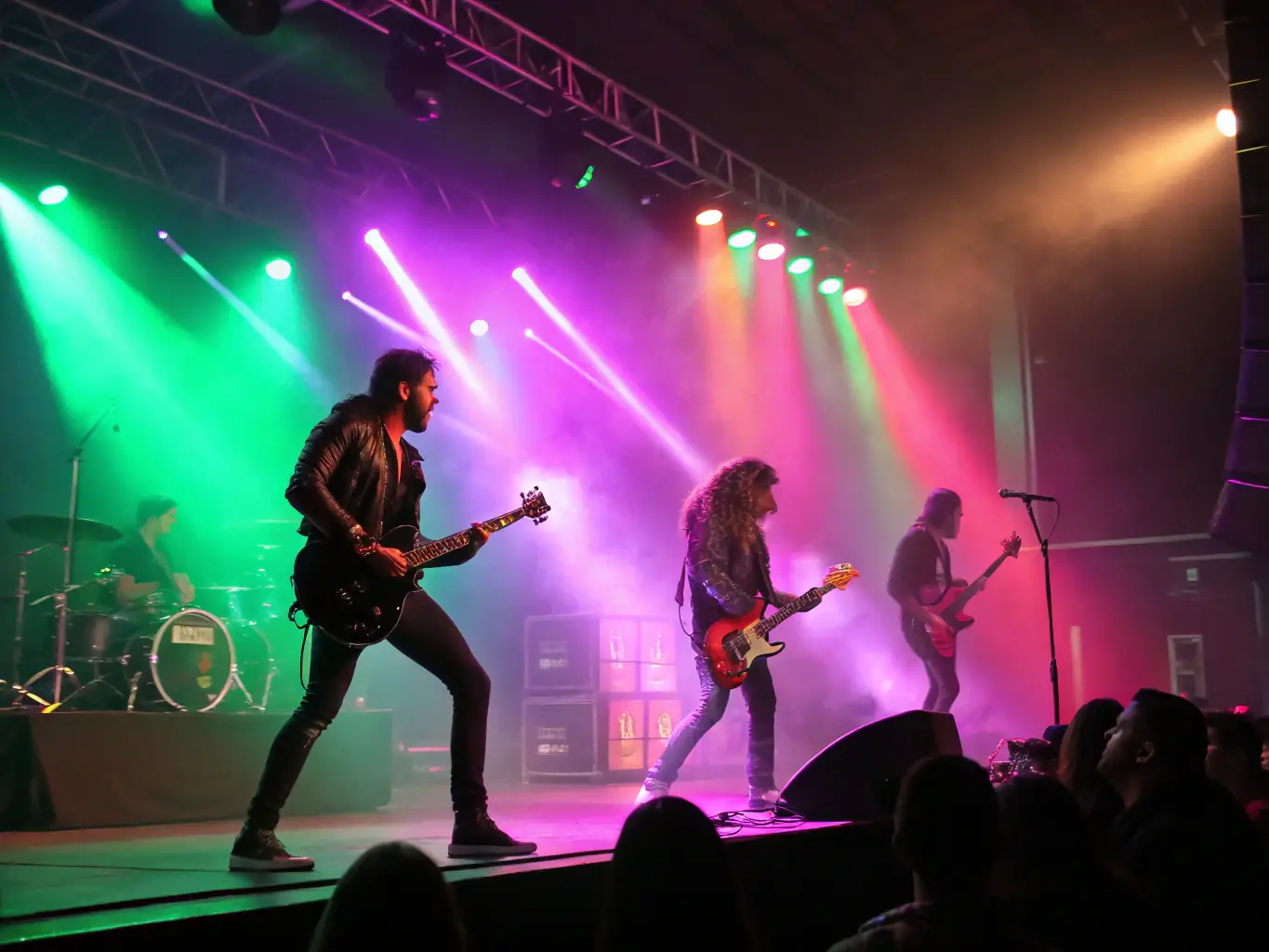 a vibrant scene from a music video set, capturing dynamic lighting and energetic performers