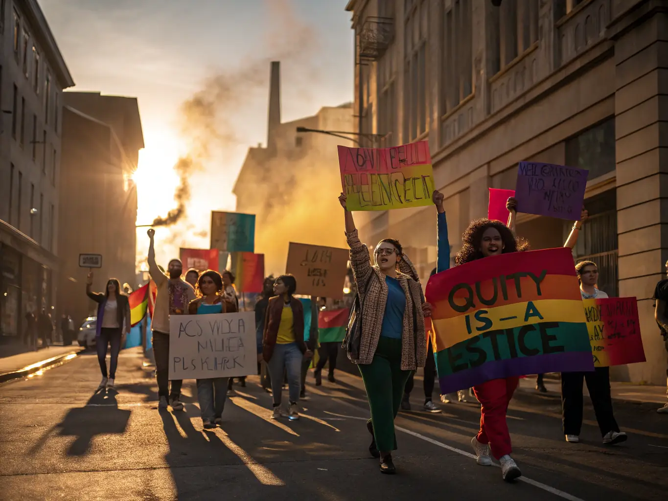 a powerful image from a social awareness campaign, showing a protest scene with impactful messaging