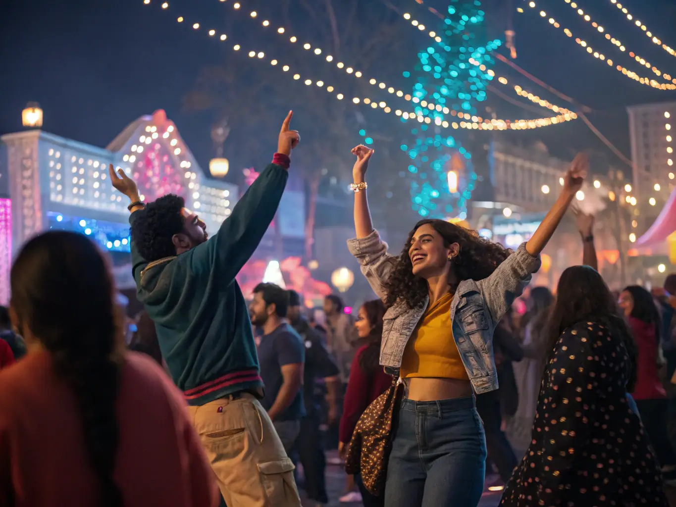 a cinematic shot from a festival music video, with vibrant colors and energetic crowd