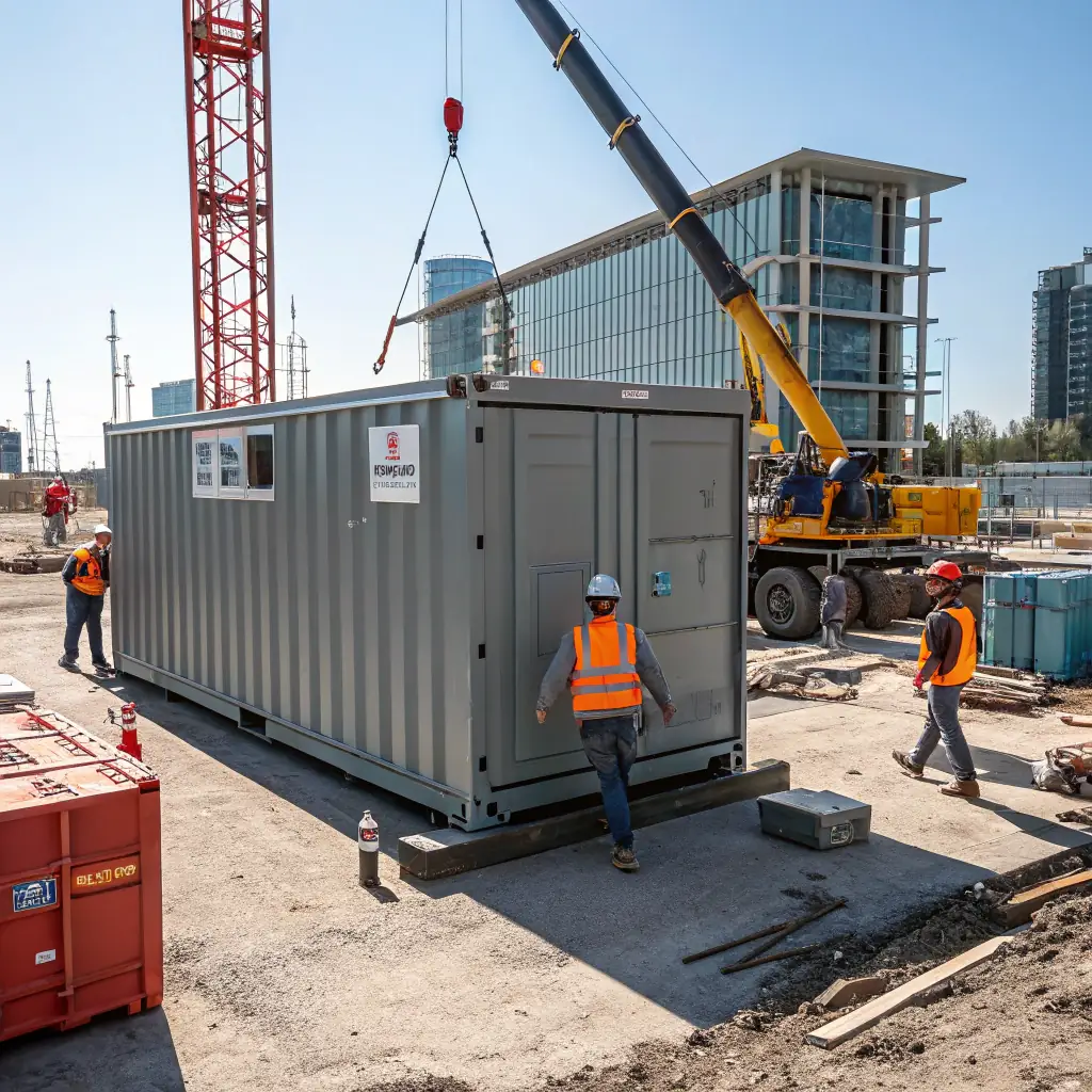 Professional photograph showcasing durable metal waste containers at a construction site, emphasizing their robust build and suitability for industrial environments.