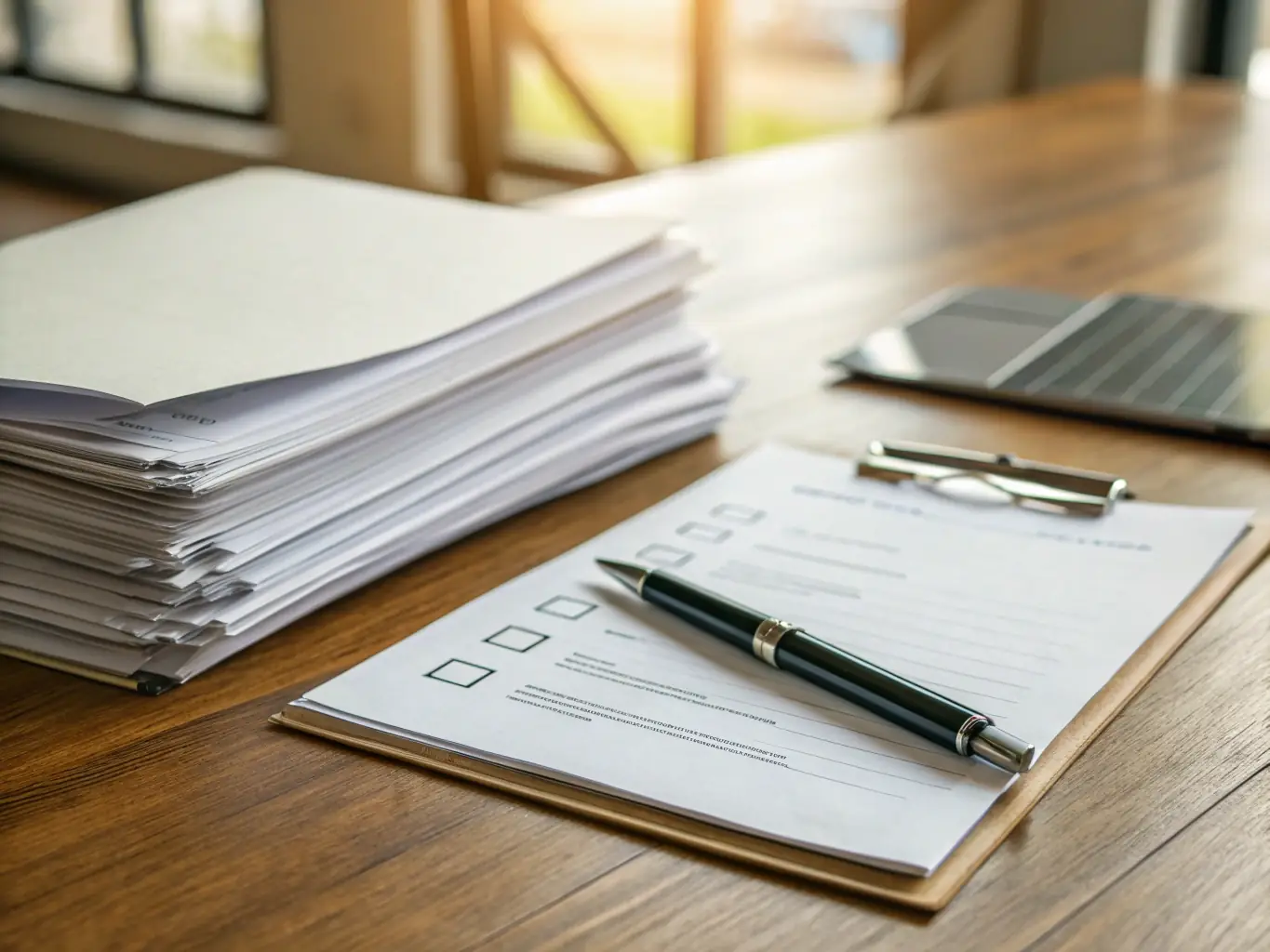 Realistic photo of a clipboard or tablet with an ADA checklist and a gold pen on a clean desk, natural lighting, no people