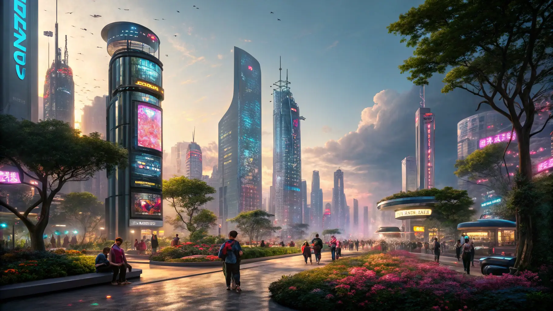A futuristic cityscape of Austin, Texas, with holographic video testimonials floating in the air, showcasing AI-powered personalization and optimization.