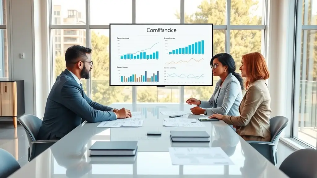 A professional team of legal experts consulting with a corporate leadership team on governance and compliance strategies, with documents and compliance checks in the background