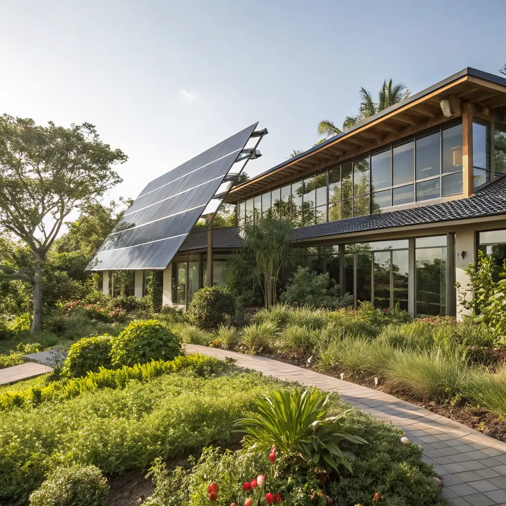 A modern office building with solar panels, representing energy efficiency and compliance, suitable for an engineering consultancy specializing in EPC surveys.