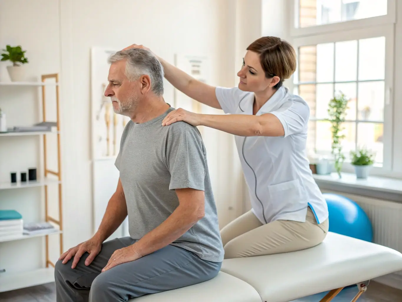 A physiotherapist assisting a patient with an exercise, providing hands-on guidance and support in a bright, modern clinic setting.
