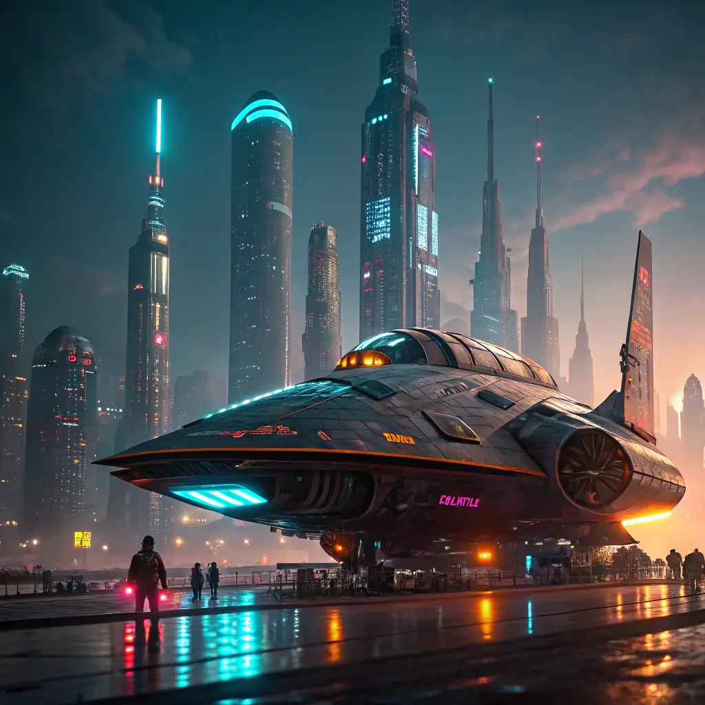 A futuristic X-Wing spaceship flying towards a modern cityscape, symbolizing the integration of advanced AI technologies in digital marketing.