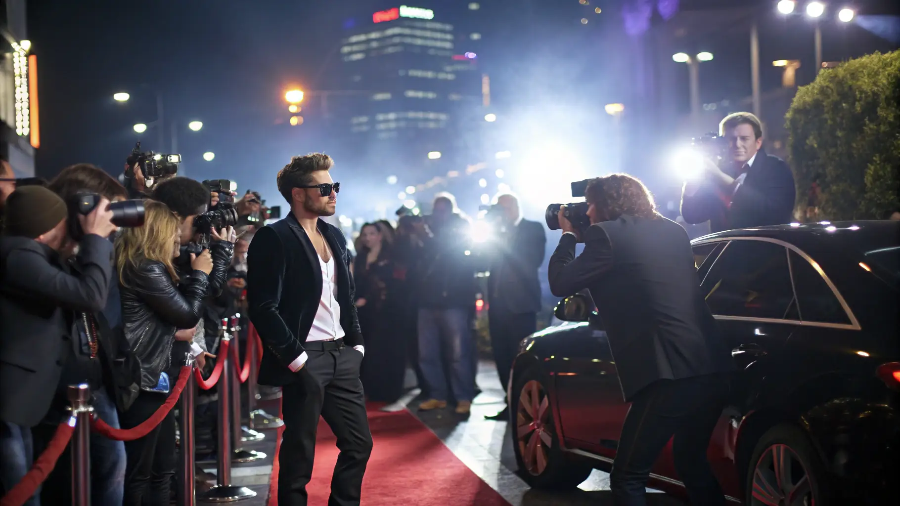An image of a Hollywood celebrity in a modern digital setting, symbolizing career reboot and fan engagement, with vibrant colors and dynamic composition.