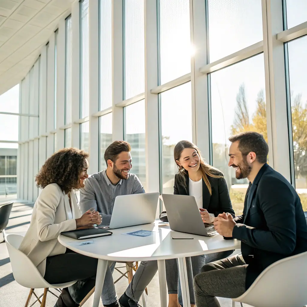 A small business team (café, contractor, or office) smiling with laptops/tablets. Background: modern workspace with subtle HTI teal tones. Clean, professional, local vibe.