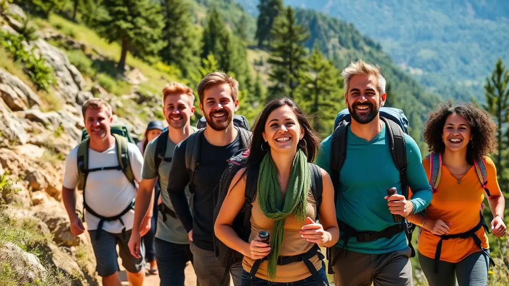 Work with us - A diverse group of happy travelers are hiking together on a mountain trail, enjoying the scenic view and each other's company. The photo captures the energy and community vibe of group trips.