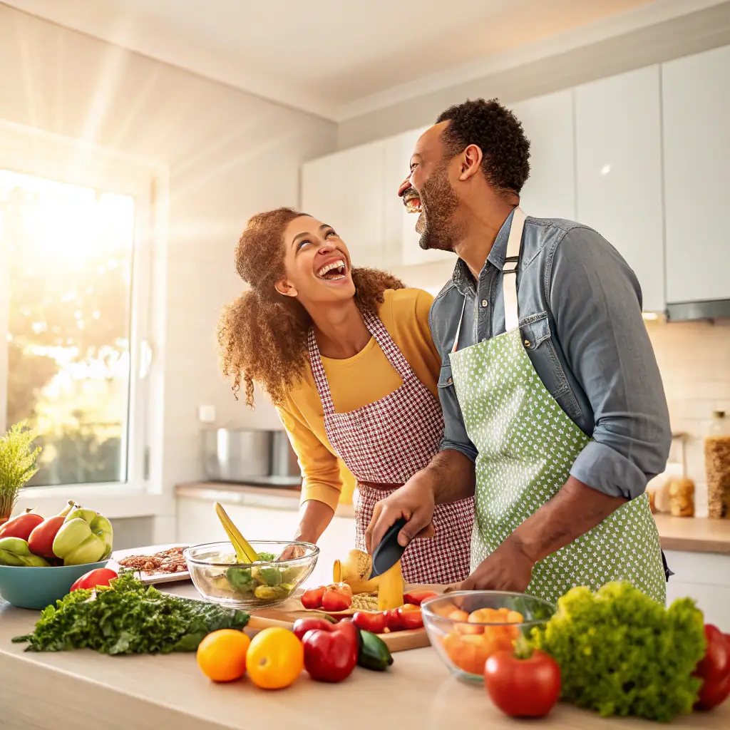 A happy couple preparing a healthy meal together in their kitchen, smiling and engaged. The scene should convey a sense of teamwork, wellness, and shared enjoyment of healthy eating. The kitchen should be bright and modern.