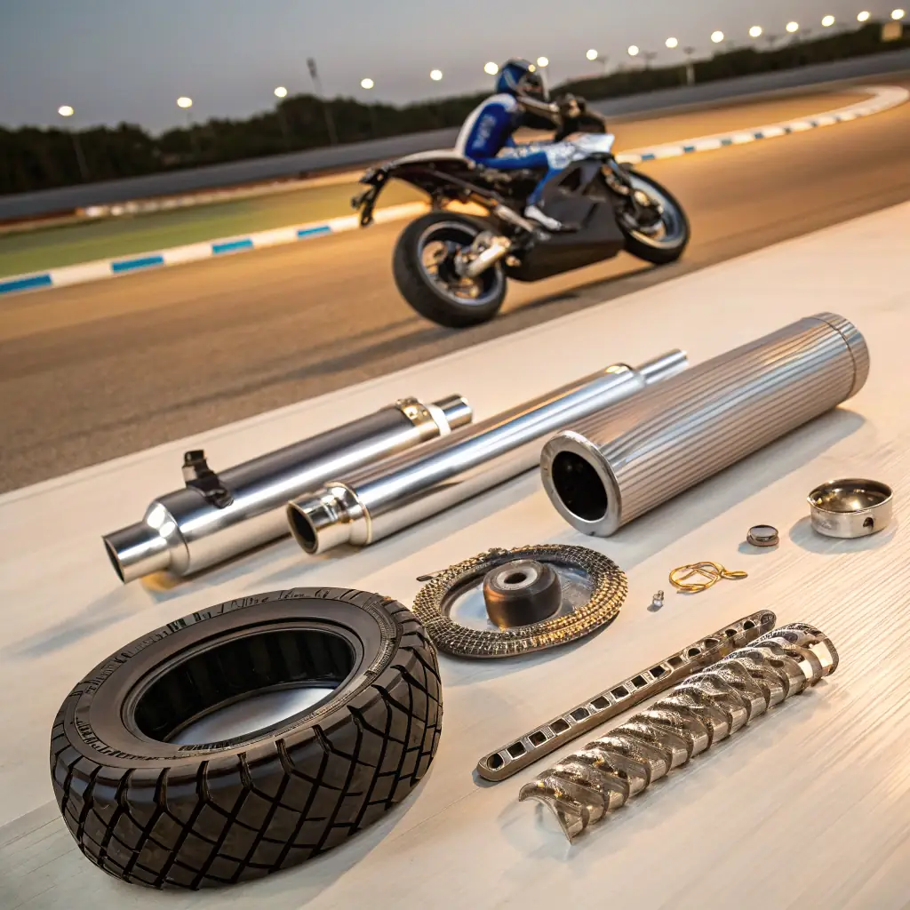 Image depicting a detailed view of various motorcycle parts, possibly sourced from European manufacturers, arranged neatly to showcase quality and variety. The image should convey reliability and precision.