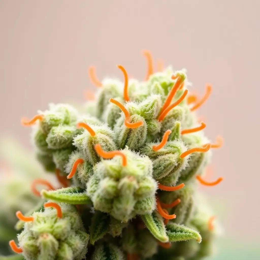 A close-up shot of Cherry Diesel cannabis flower, showcasing its vibrant colors and trichome coverage, placed in a dispensary setting.