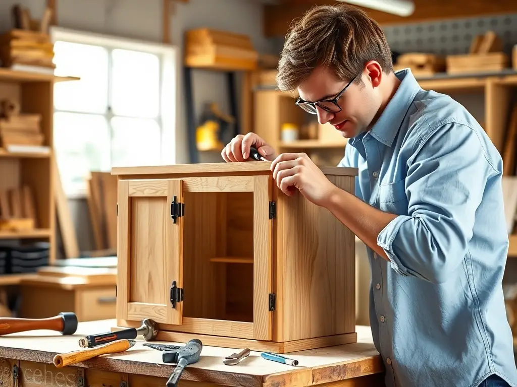 A person assembling a wooden cabinet with various tools around them.