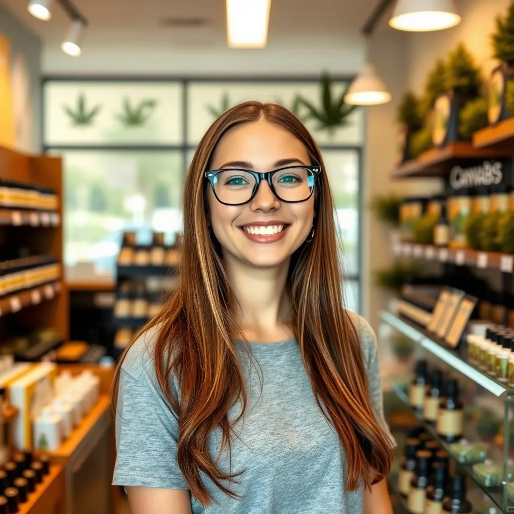 A customer smiling while a MrGreenDc employee hands them a bag of cannabis products, with a digital display in the background showing the customer's rewards points balance.