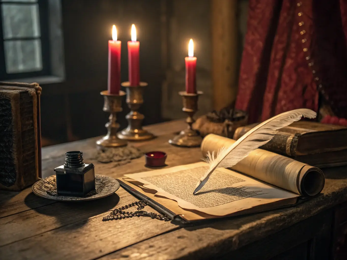 A dimly lit study in an old gothic house. Shain Haggadone sits at a vintage typewriter, illuminated by a single desk lamp. Stacks of manuscripts surround him, hinting at the dark tales within. The atmosphere is mysterious and inspiring, reflecting the essence of Inked Blood Press.