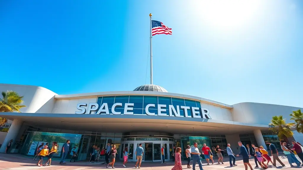 A wide-angle shot of the Space Center Houston, showcasing the main entrance with the American flag waving in the background. The image captures the excitement and educational atmosphere of the visitor center, with families and tourists exploring the exhibits.