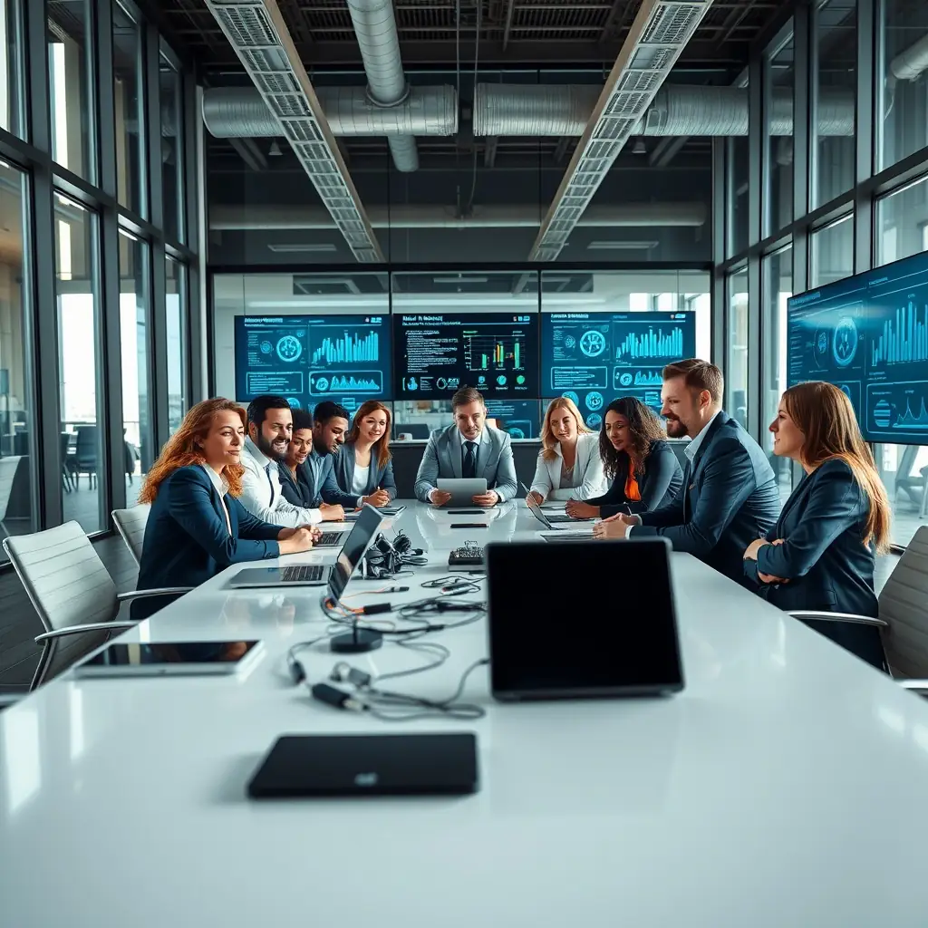 A team of SEO gurus, data scientists, and AI robots meeting at the Space Center Houston, discussing Google Analytics 4 and its benefits for e-commerce businesses. The scene should convey innovation, data-driven strategies, and a forward-thinking approach to digital marketing.