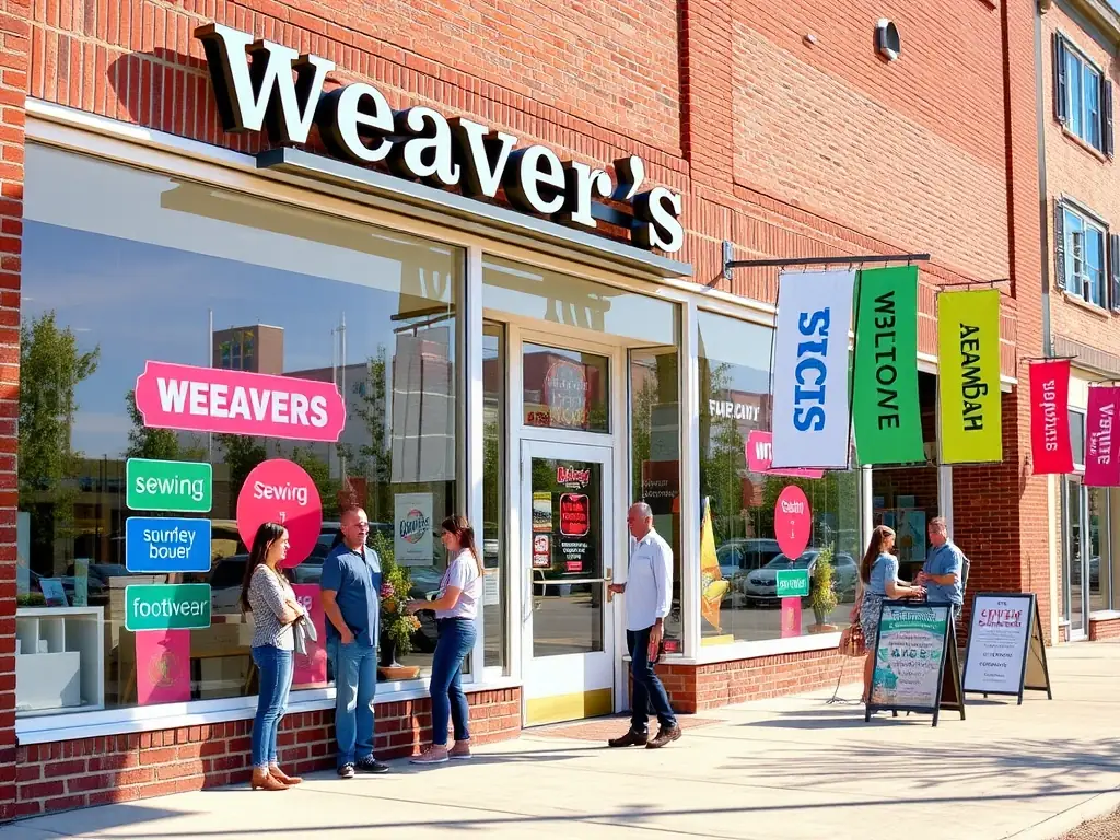 A bright, inviting photo of the Weaver's Store storefront, showcasing a variety of departments and friendly staff members assisting customers.