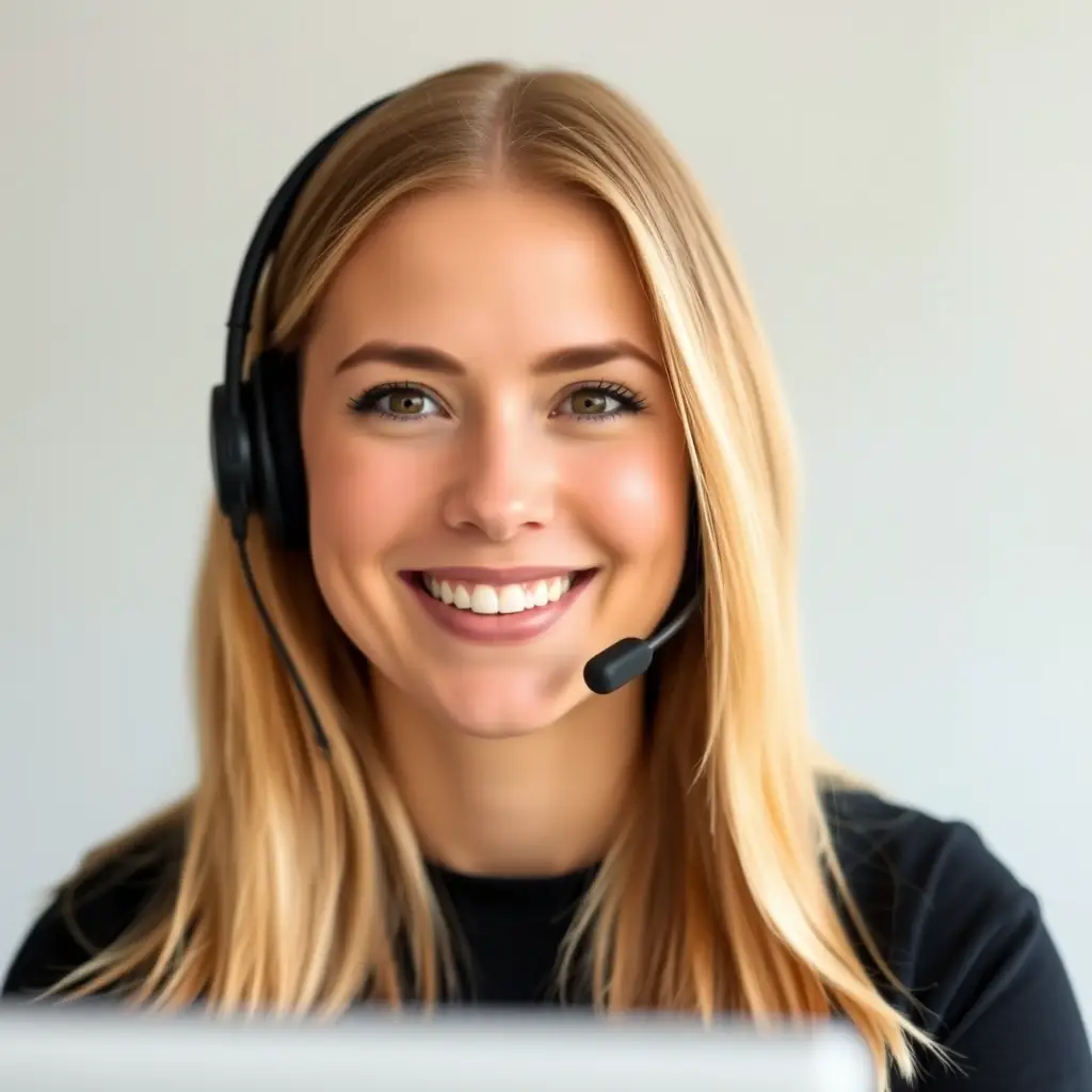 Chloe is a woman with long blonde hair, wearing a headset and a bright, welcoming smile.