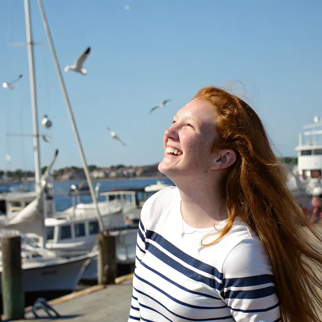 Emily is a woman with curly red hair, wearing a nautical-themed scarf and a warm smile.