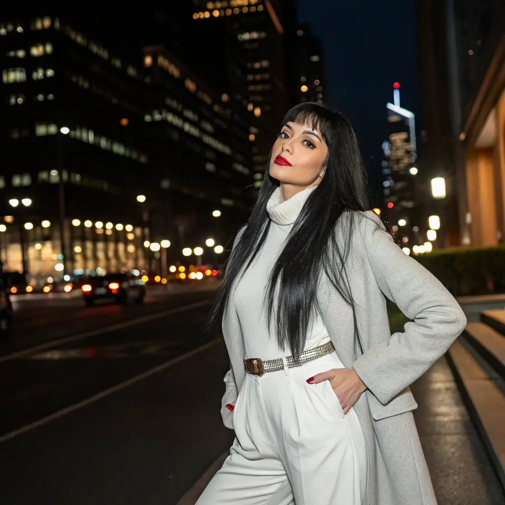 Isabella is a woman with straight brown hair, wearing a stylish dress and a confident smile.