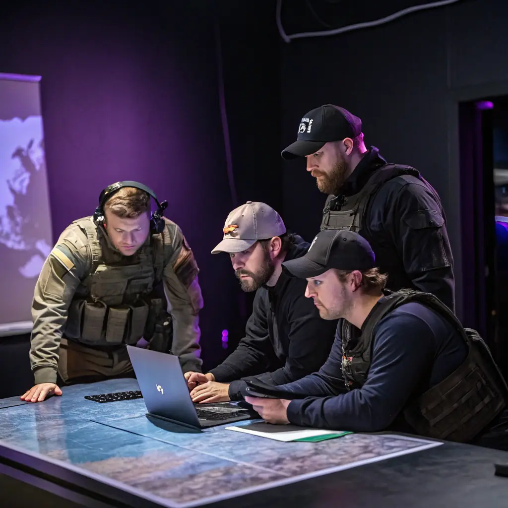 A high-resolution image depicting Miğfer Akademi students participating in a simulated intelligence operation, showcasing their skills and teamwork in a realistic training environment. The scene should convey professionalism, intensity, and the high-stakes nature of intelligence work.