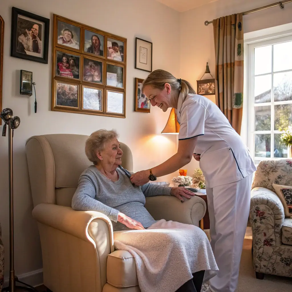 A friendly, experienced nurse conducting a home safety assessment with a senior client in their living room. The environment is warm and inviting, emphasizing comfort and trust.