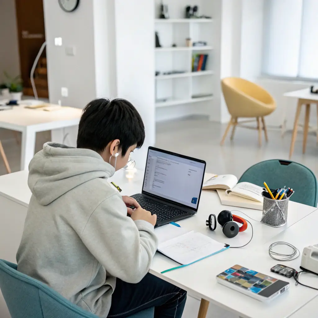 A student happily studying on a laptop in a bright, modern setting, symbolizing the accessibility and quality of Restored Faith Preparatory Academy's online education.